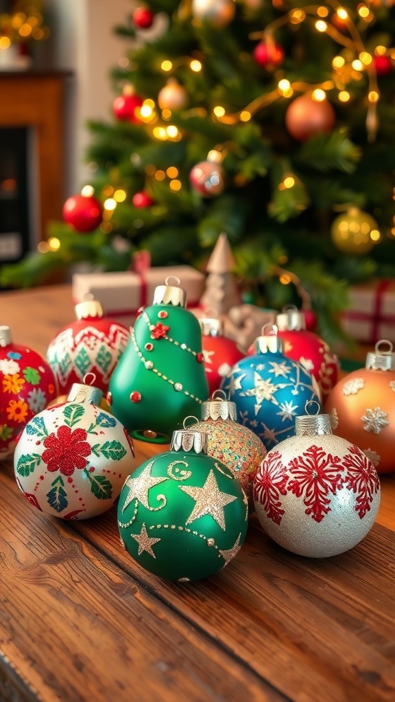 Colorful homemade Christmas ornaments displayed on a wooden table with a Christmas tree in the background.
